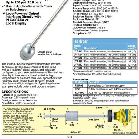 OMEGA欧米茄 LVR516浮球液位变送器