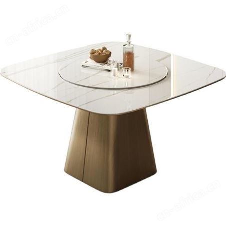 鼎富DF591意式轻奢防刮岩板餐桌 家用正方形带转盘餐台