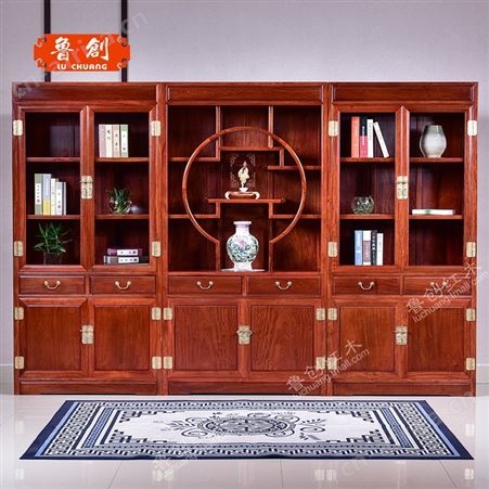 功夫茶台东阳鲁创红木家具缅甸花梨木大果紫檀明式三组合书柜书房柜子