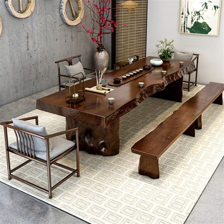 江苏现代简约新中式茶桌椅组合 功夫禅意大板整板原木茶几茶台实木茶桌