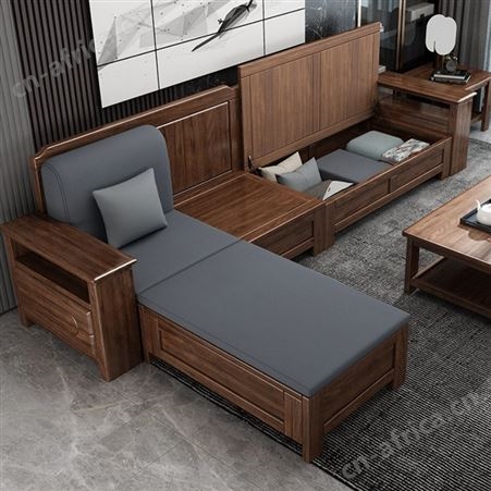 新中式家具客厅轻奢木质储物 胡桃木实木沙发冬夏两用现代沙发组合