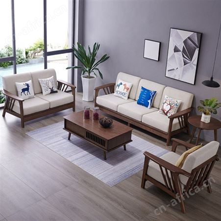 北欧实木转角贵妃现代轻奢沙发茶几组合 1+2+3布艺可拆洗客厅家具