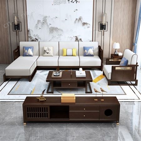 新中式实木沙发组合厂家 禅意轻奢中式客厅家具 木质转角贵妃沙发直供