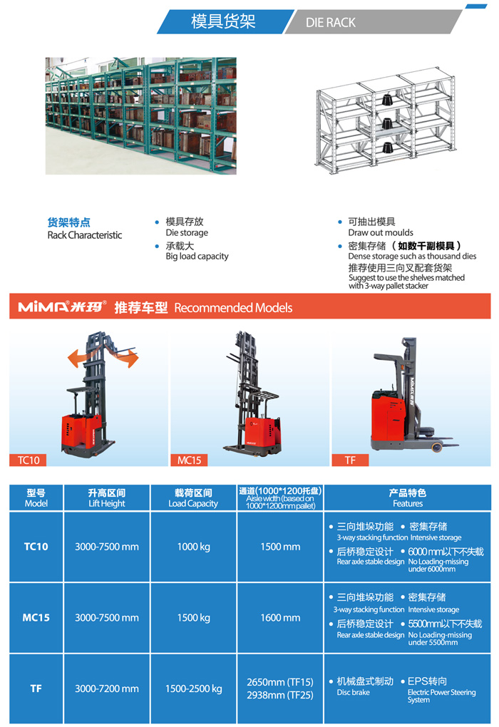 MiMA(米玛)电动叉车教你如何给货架挑选适合的叉车